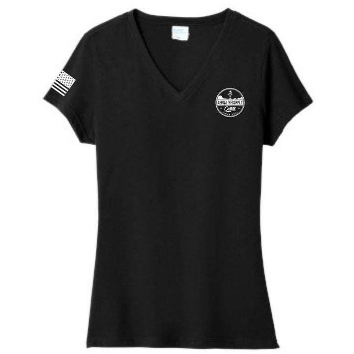 Resupply Everyone Deployed Ladies V-neck bella canvas T-shirt from Aerial Resupply Coffee. black front.