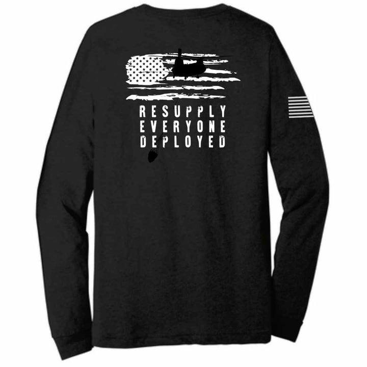 Resupply Everyone Deployed Bella Canvas long sleeve shirt black by Aerial Resupply Coffee. Veteran-owned.