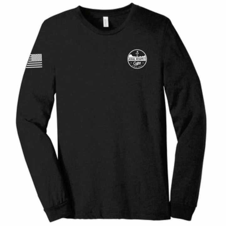 Resupply Everyone Deployed Bella Canvas long sleeve shirt black front by Aerial Resupply Coffee. Veteran-owned.