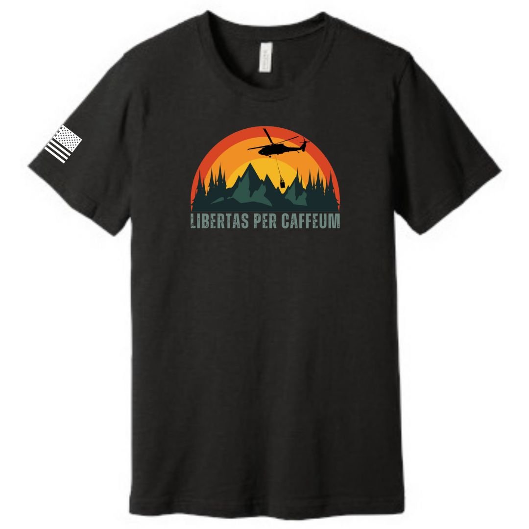 Libertas Per Caffeum Bella Canvas Black T-Shirt from Aerial Resupply Coffee. Veteran-owned.