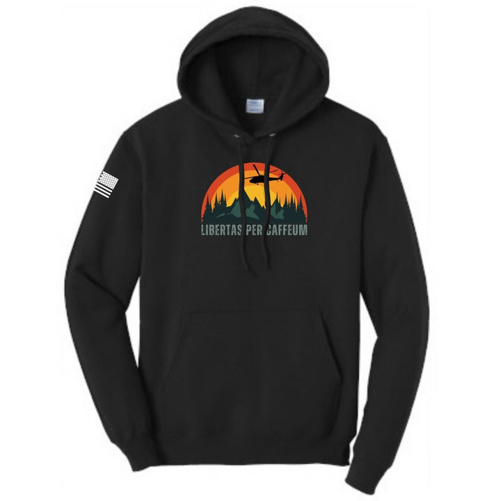 Libertas Per Caffeum Bella Canvas Black Hoodie from Aerial Resupply Coffee. Veteran-owned.