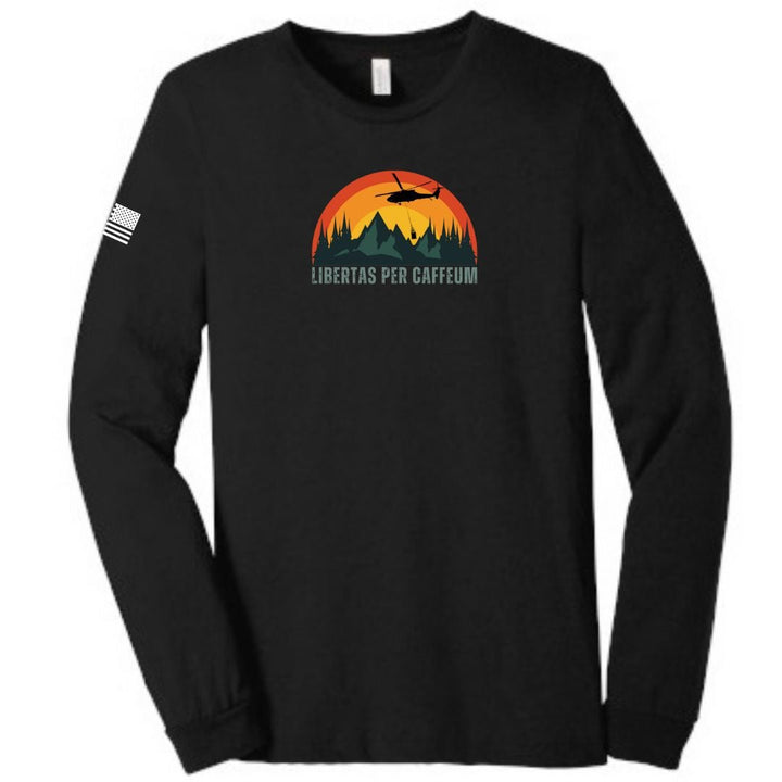 Libertas Per Caffeum Bella Canvas Black Long Sleeve Shirt from Aerial Resupply Coffee. Veteran-owned.