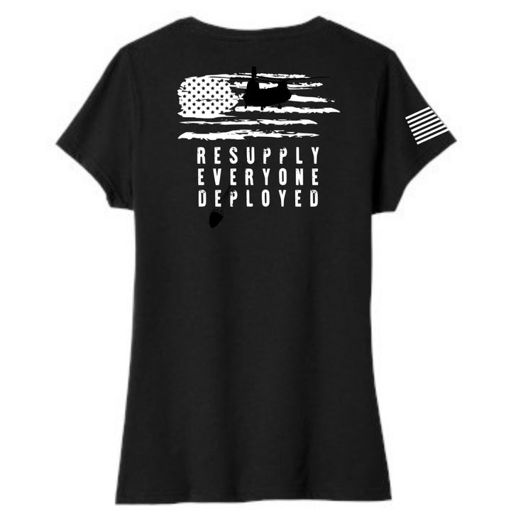 Resupply Everyone Deployed Ladies V-neck bella canvas T-shirt from Aerial Resupply Coffee. black.