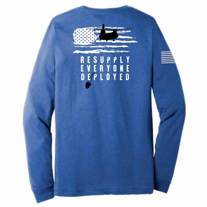 Resupply Everyone Deployed Bella Canvas long sleeve shirt blue by Aerial Resupply Coffee. Veteran-owned.