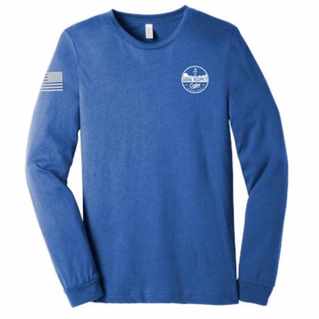 Resupply Everyone Deployed Bella Canvas long sleeve shirt blue front by Aerial Resupply Coffee. Veteran-owned.