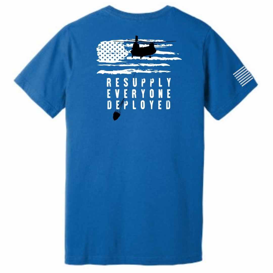 Resupply Everyone Deployed Bella Canvas T-shirt Blue by Aerial Resupply Coffee. Veteran-owned.