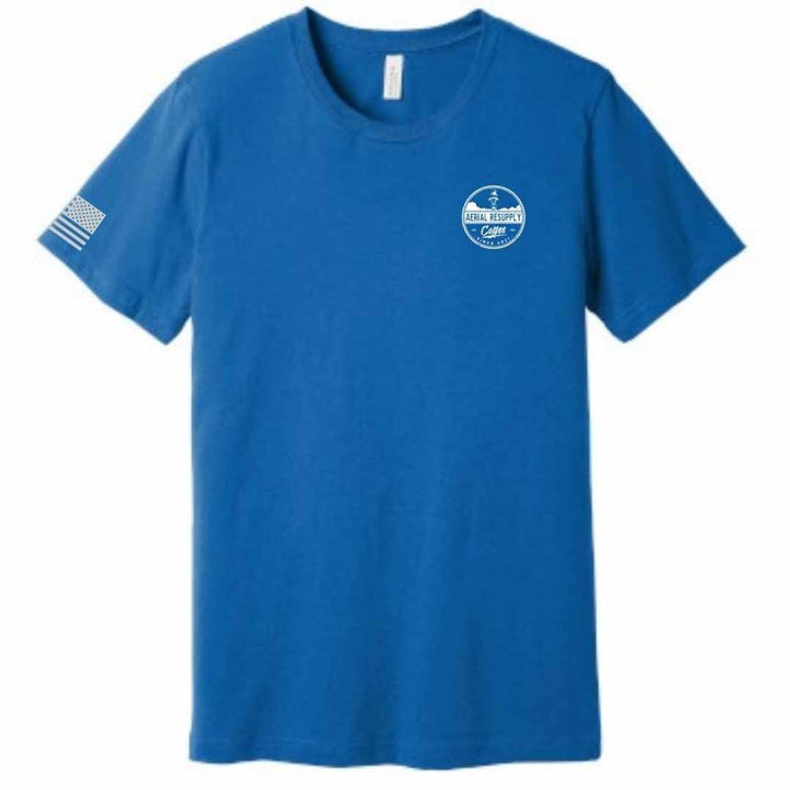 Resupply Everyone Deployed Bella Canvas T-shirt Blue Front by Aerial Resupply Coffee. Veteran-owned.