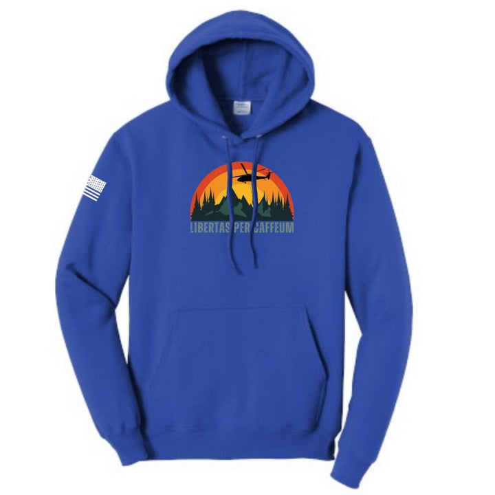 Libertas Per Caffeum Bella Canvas Blue Hoodie from Aerial Resupply Coffee. Veteran-owned.