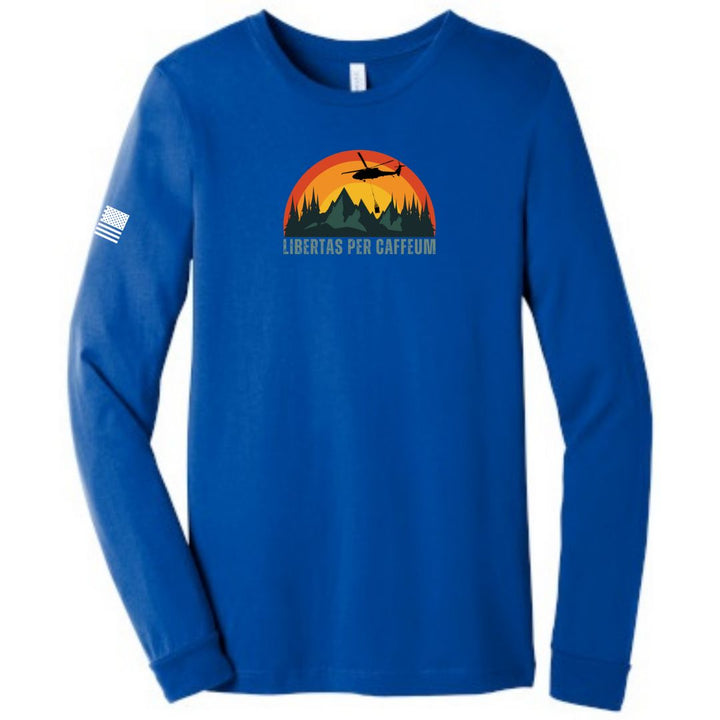 Libertas Per Caffeum Bella Canvas Blue Long Sleeve Shirt from Aerial Resupply Coffee. Veteran-owned.