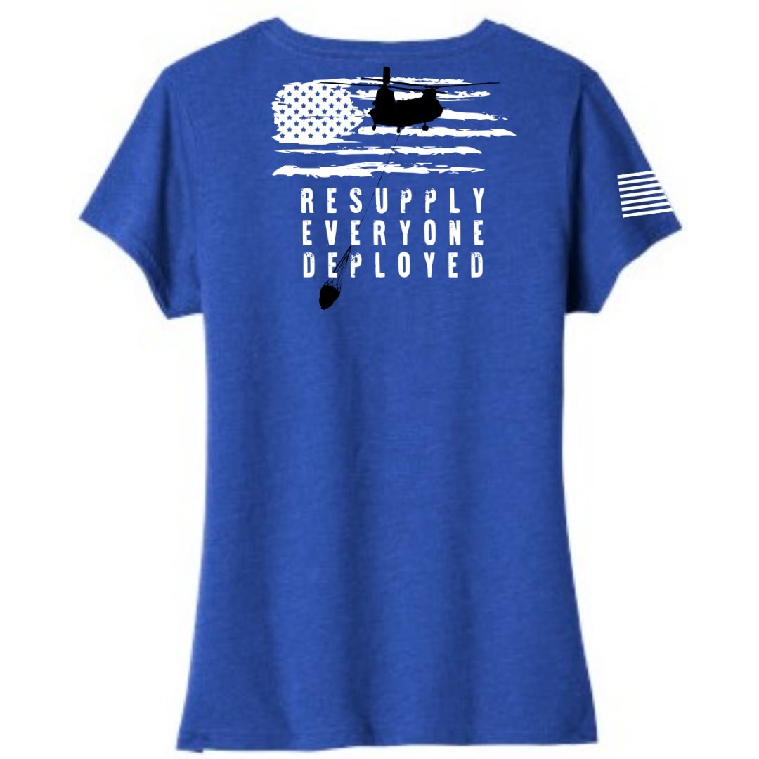 Resupply Everyone Deployed Ladies V-neck bella canvas T-shirt from Aerial Resupply Coffee. blue.