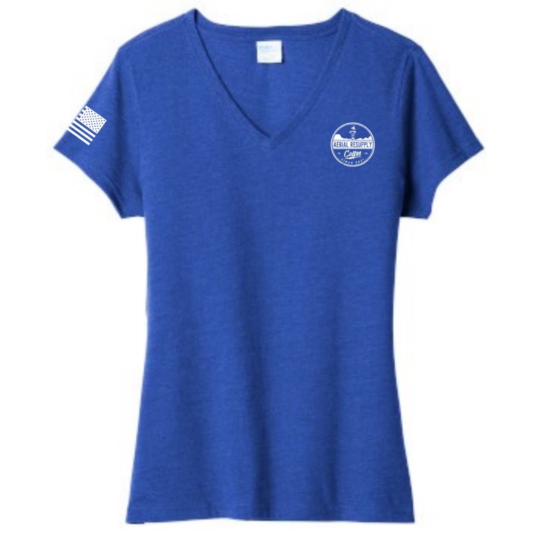 Resupply Everyone Deployed Ladies V-neck bella canvas T-shirt from Aerial Resupply Coffee. Blue front.