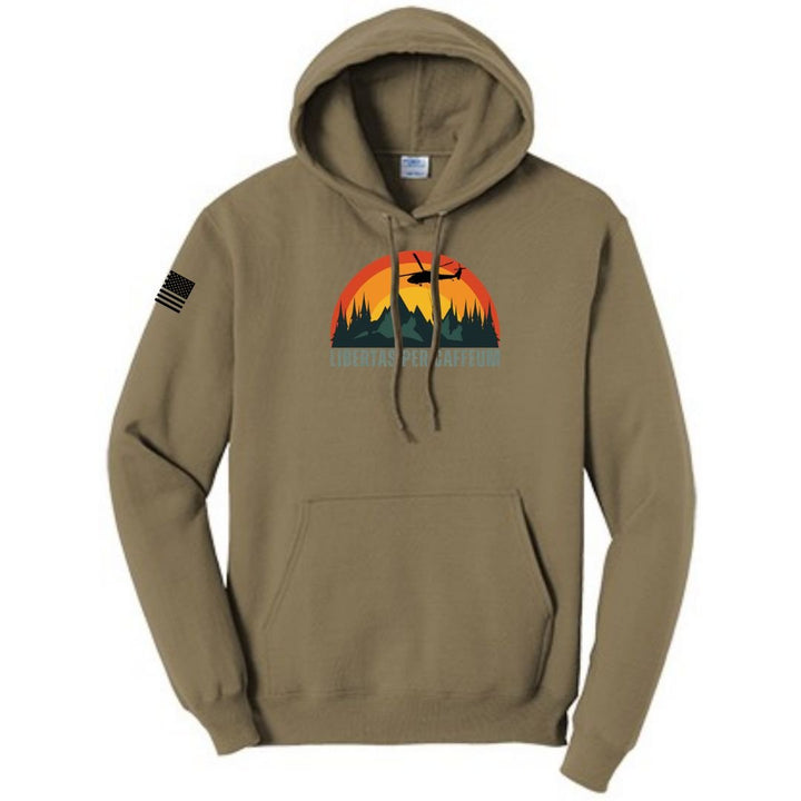 Libertas Per Caffeum Bella Canvas Coyote Hoodie from Aerial Resupply Coffee. Veteran-owned.