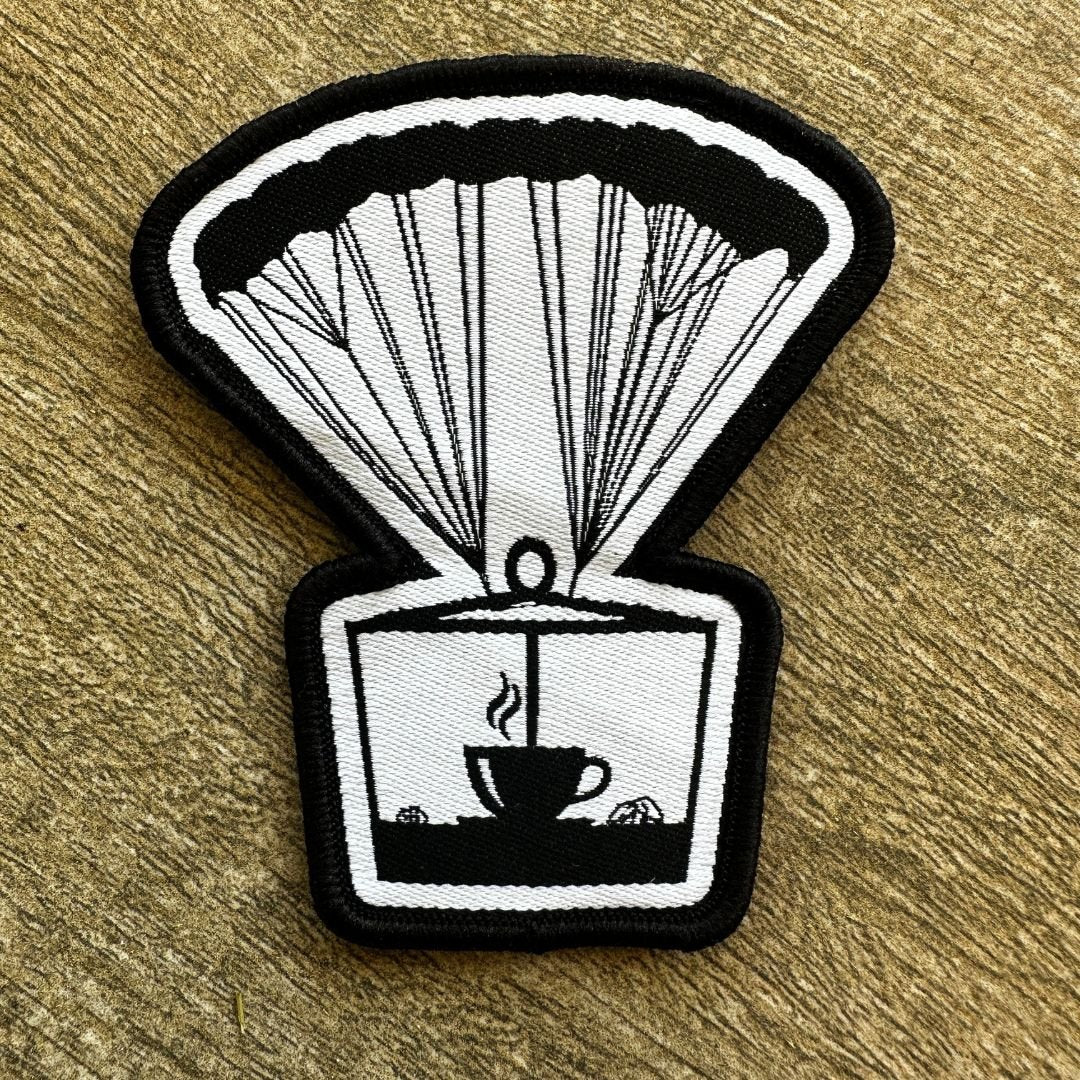 Aerial Resupply Coffee Parachute iron on patch for apparel, hats, or other material. Veteran-owned