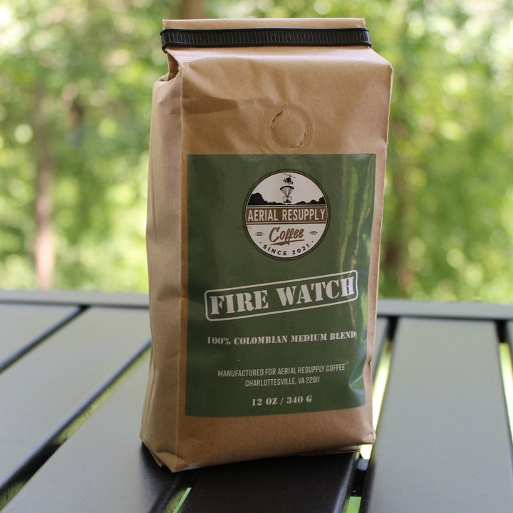 Firewatch Medium Roast Colombian five pound bulk coffee bag on a table. Veteran-owned.