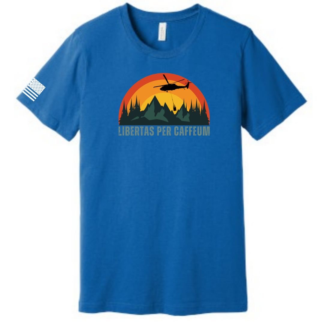 Libertas Per Caffeum Bella Canvas Blue T-Shirt from Aerial Resupply Coffee. Veteran-owned.