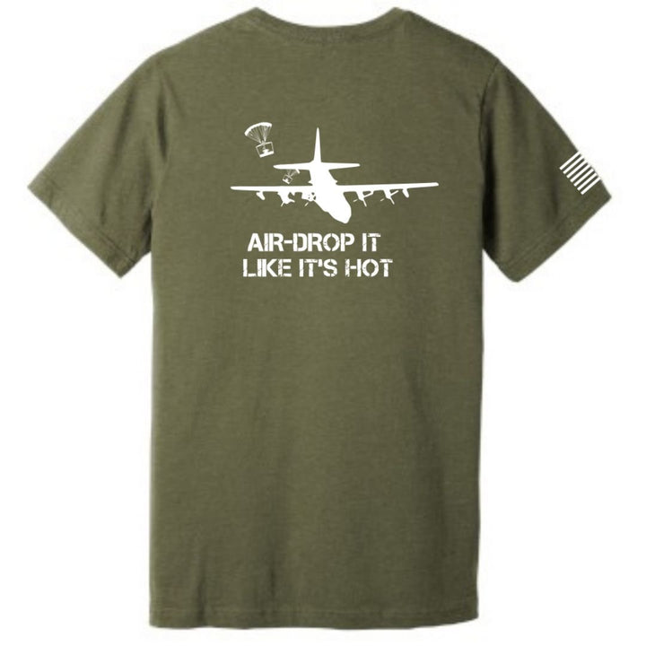 Unisex bella canvas T-shirt with Air Drop it Like it's Hot and Aerial Resupply Coffee Logo Green