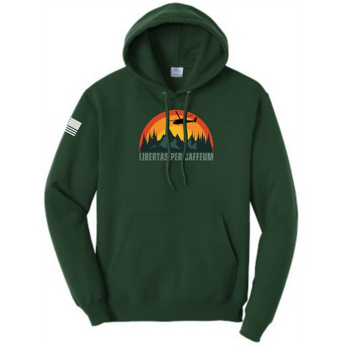 Libertas Per Caffeum Bella Canvas Green Hoodie from Aerial Resupply Coffee. Veteran-owned.