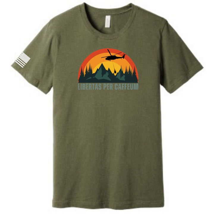 Libertas Per Caffeum Bella Canvas Green T-Shirt from Aerial Resupply Coffee. Veteran-owned.