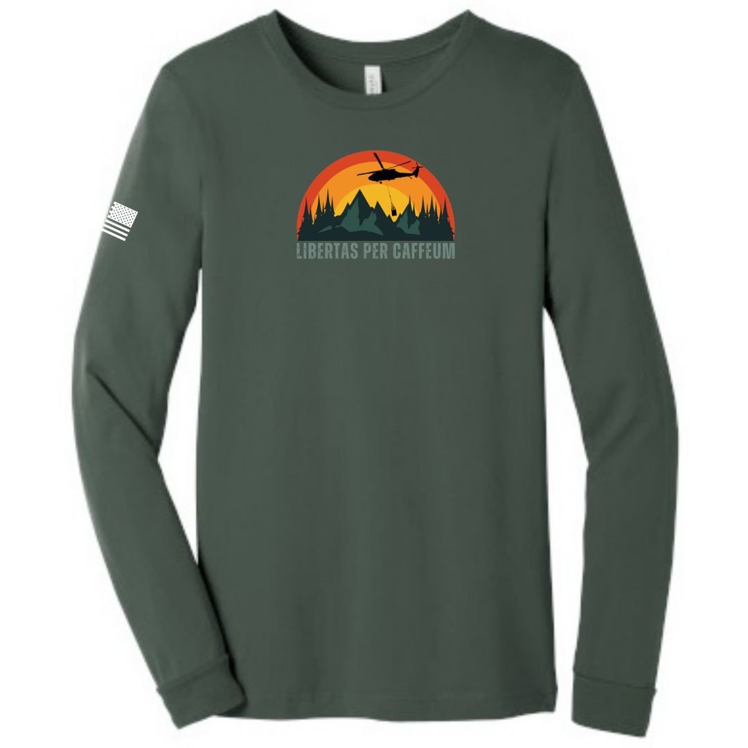 Libertas Per Caffeum Bella Canvas Green Long Sleeve Shirt from Aerial Resupply Coffee. Veteran-owned.