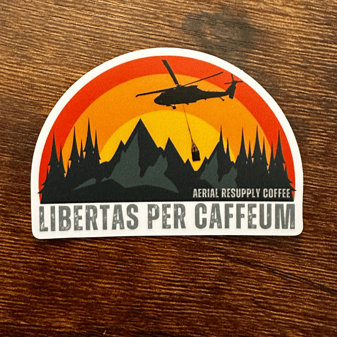 Libertas Per Caffeum 2.5 Inch Vinyl sticker from Aerial Resupply Coffee. Veteran-owned.