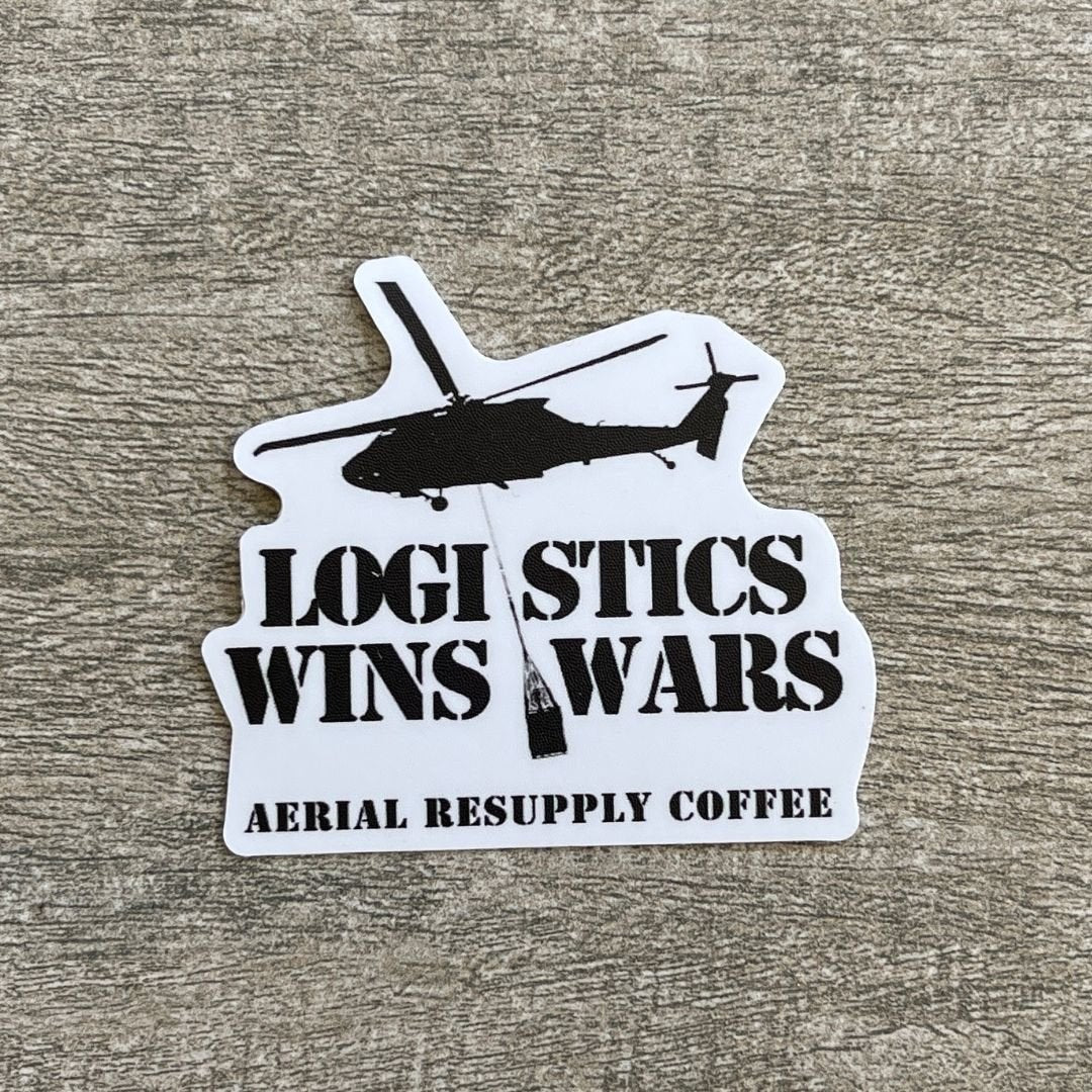 The logistics wins wars UH-60 Blackhawk vinyl sticker from  Aerial Resupply Coffee. Veteran-owned.