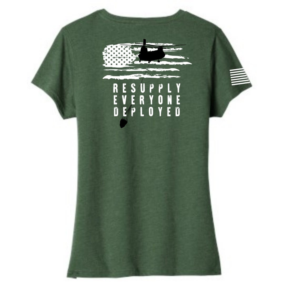 Resupply Everyone Deployed Ladies V-neck bella canvas T-shirt from Aerial Resupply Coffee. dark green.