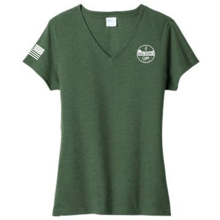 Resupply Everyone Deployed Ladies V-neck bella canvas T-shirt from Aerial Resupply Coffee. dark green front.