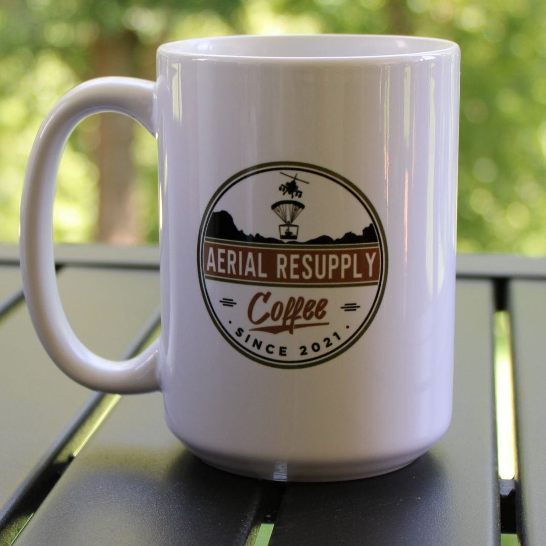 The Aerial Resupply Coffee 15 ounce coffee mug ceramic and veteran owned in charlottesville, virginia.