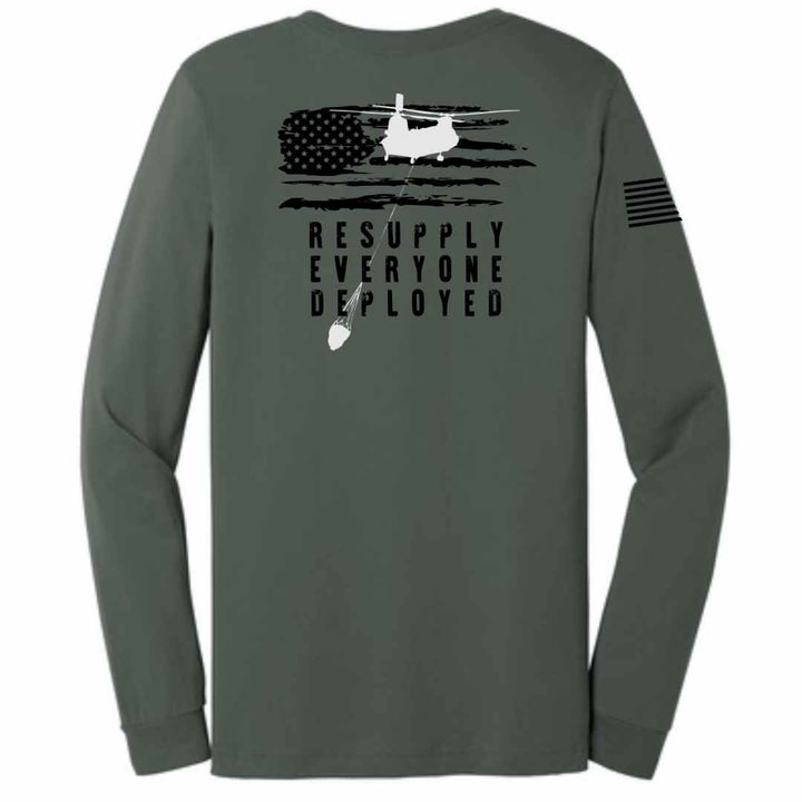 Resupply Everyone Deployed Bella Canvas long sleeve shirt green front by Aerial Resupply Coffee. Veteran-owned.