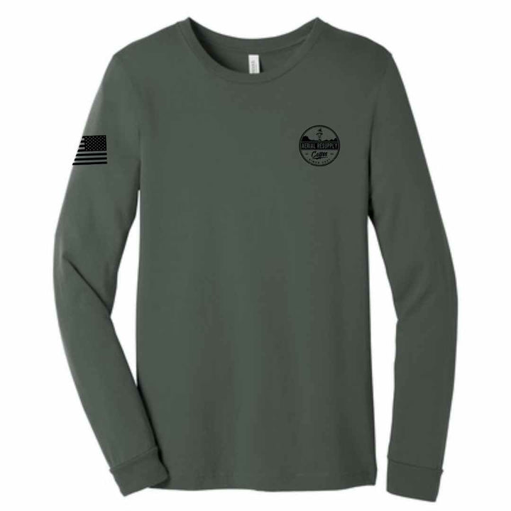 Resupply Everyone Deployed Bella Canvas long sleeve shirt green by Aerial Resupply Coffee. Veteran-owned.