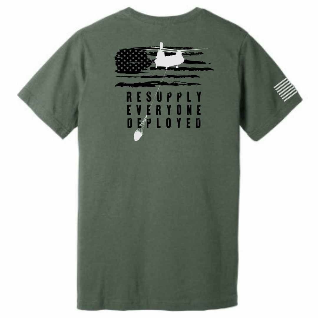 Resupply Everyone Deployed Bella Canvas T-shirt Green Front by Aerial Resupply Coffee. Veteran-owned.