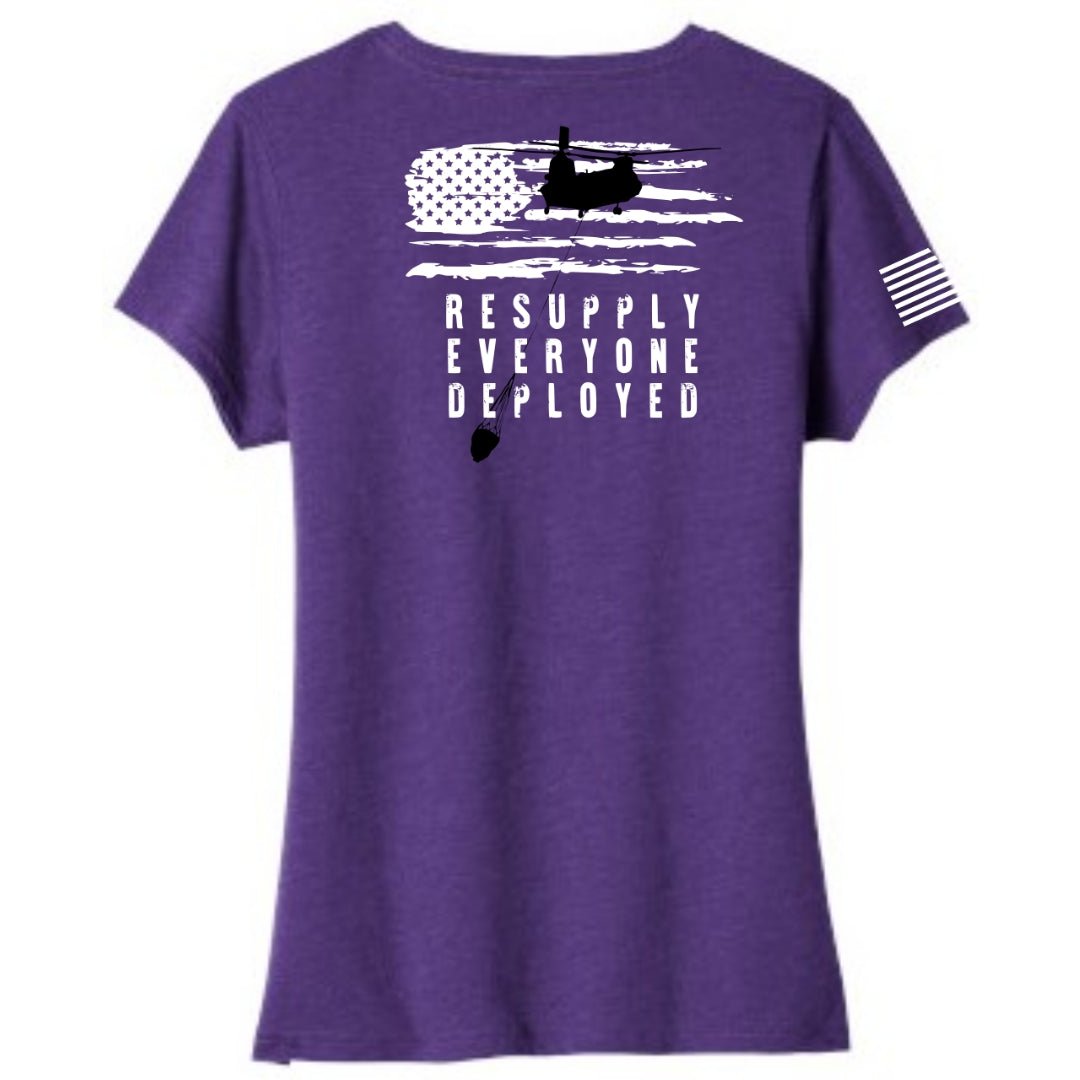 Resupply Everyone Deployed Ladies V-neck bella canvas T-shirt from Aerial Resupply Coffee. Purple.