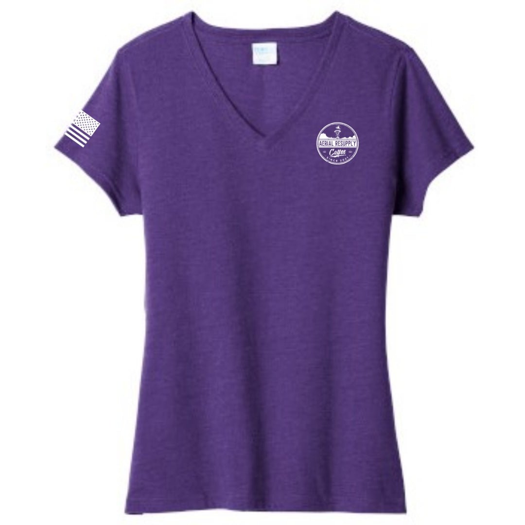 Resupply Everyone Deployed Ladies V-neck bella canvas T-shirt from Aerial Resupply Coffee. Purple Front.