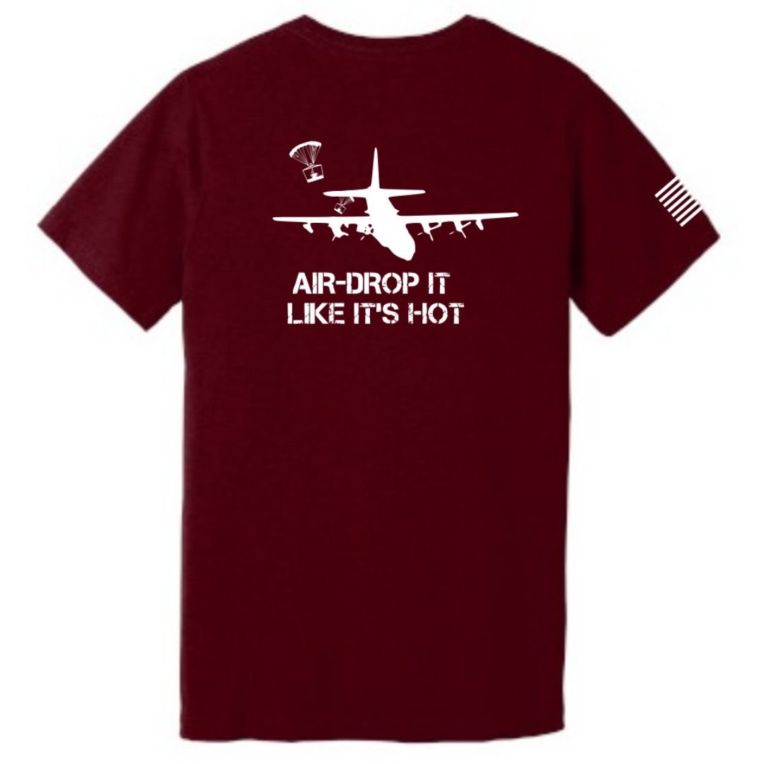 Unisex bella canvas T-shirt with Air Drop it Like it's Hot and Aerial Resupply Coffee Logo Maroon