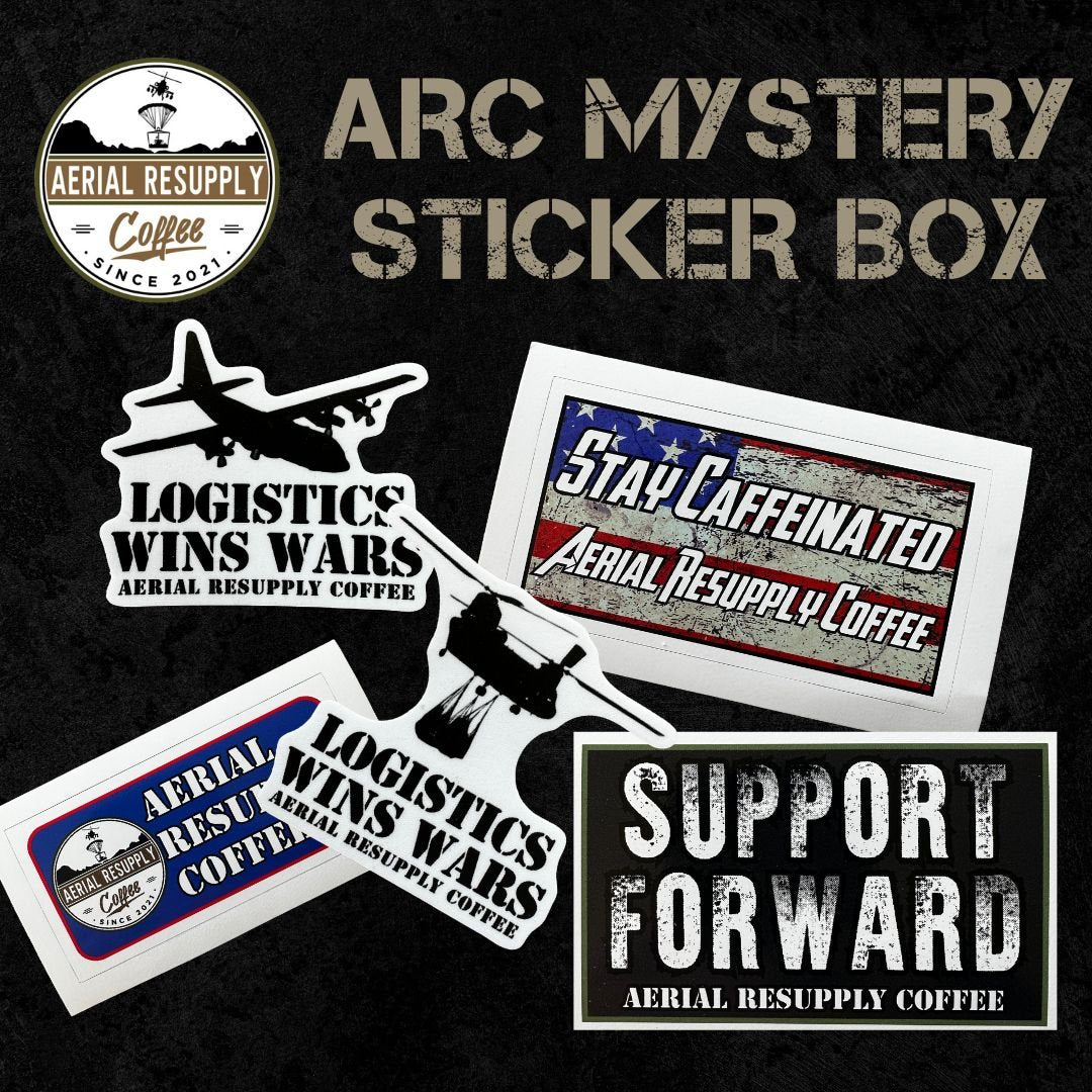 The Aerial Resupply Coffee Mystery sticker subscription. Get 5 different stickers each month. Veteran-owned.