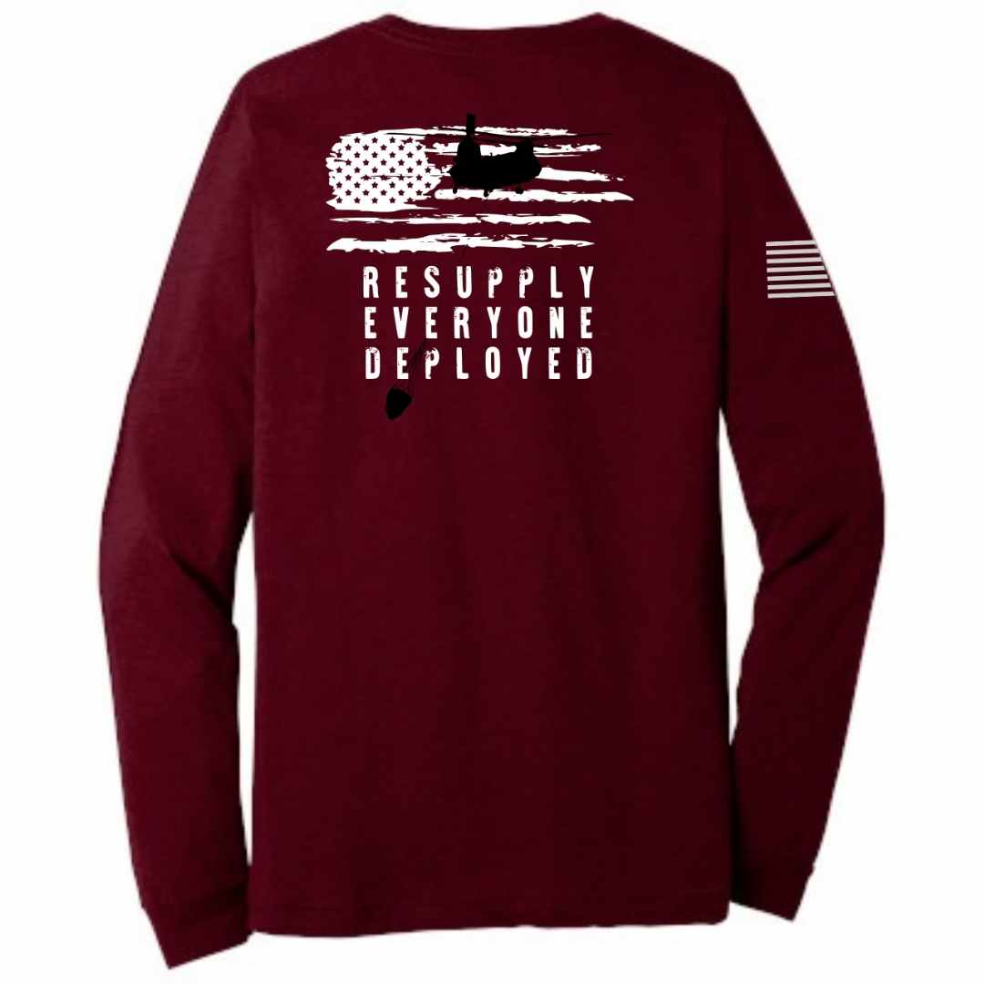 Resupply Everyone Deployed Bella Canvas long sleeve shirt Red by Aerial Resupply Coffee. Veteran-owned.