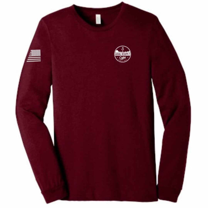 Resupply Everyone Deployed Bella Canvas long sleeve shirt Red front by Aerial Resupply Coffee. Veteran-owned.