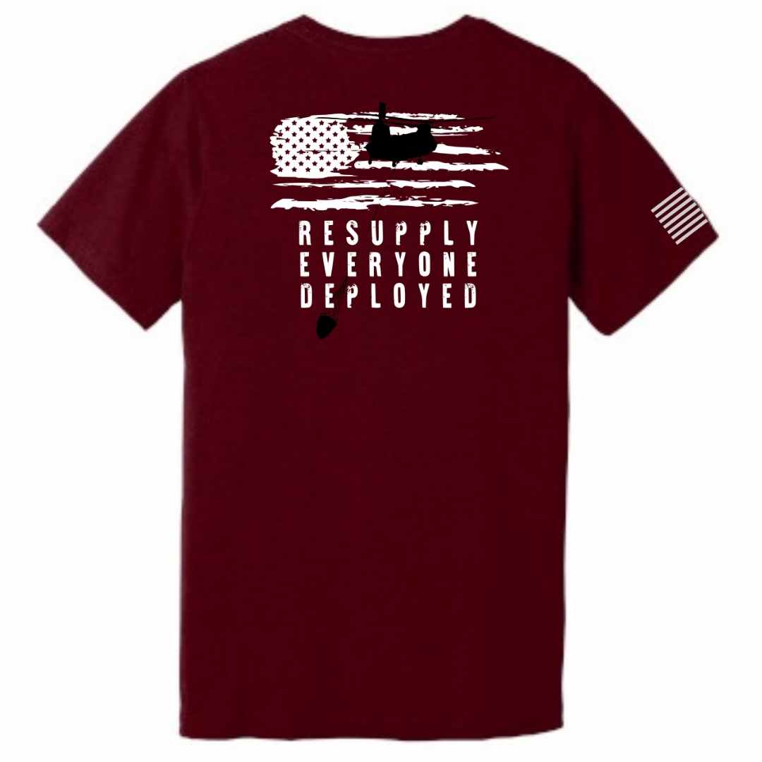 Resupply Everyone Deployed Bella Canvas T-shirt Red by Aerial Resupply Coffee. Veteran-owned.