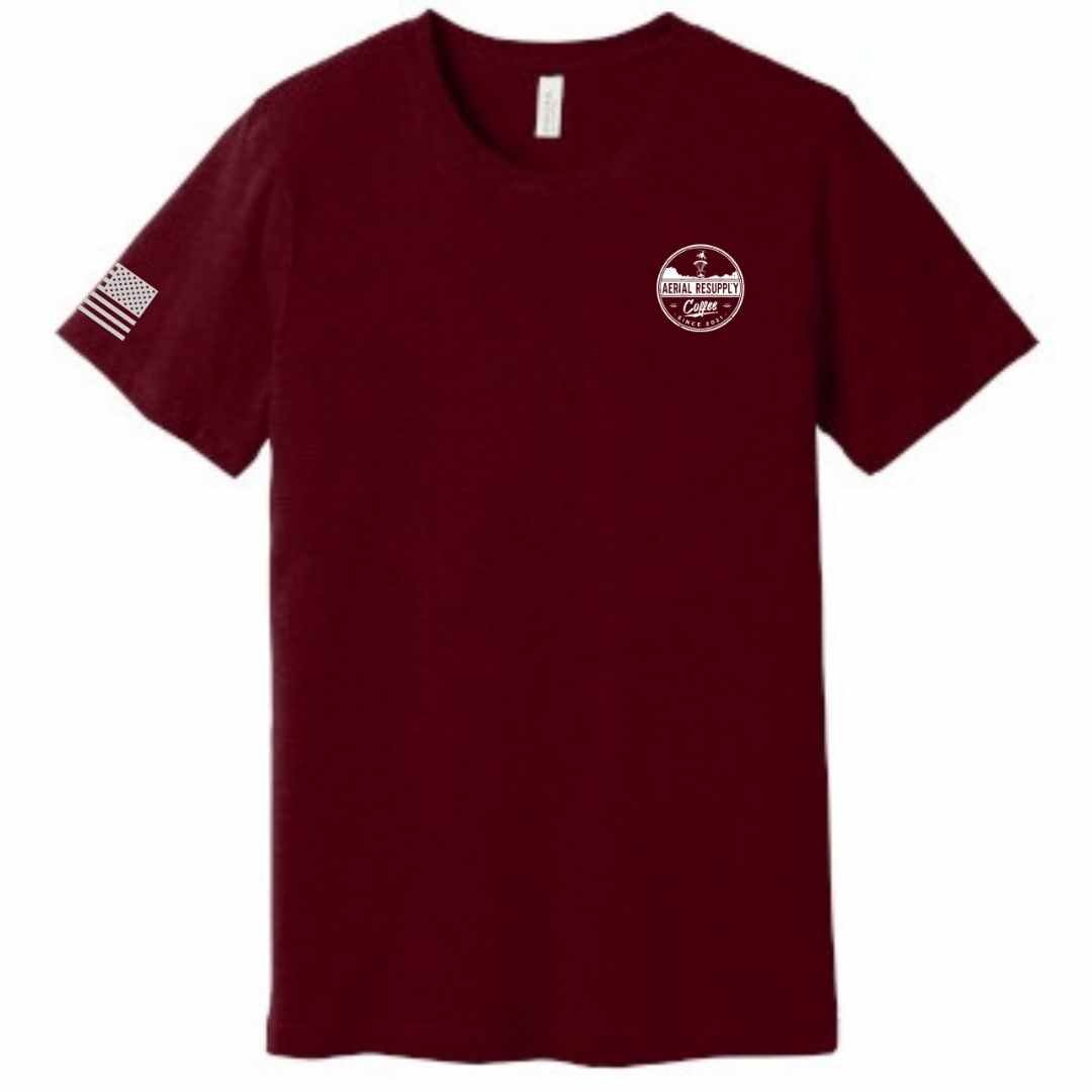 Resupply Everyone Deployed Bella Canvas T-shirt Red Front by Aerial Resupply Coffee. Veteran-owned.