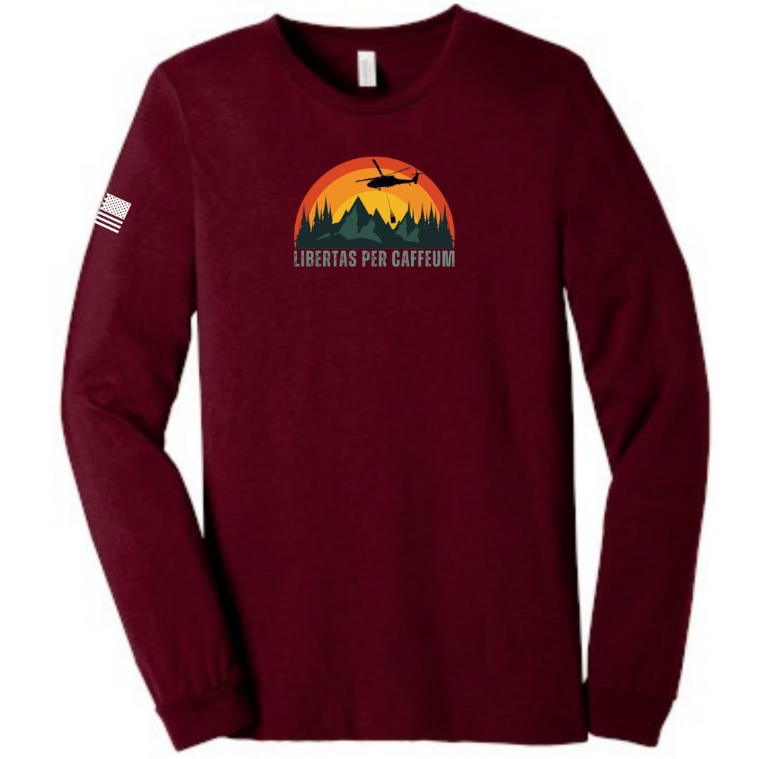 Libertas Per Caffeum Bella Canvas Red Long Sleeve Shirt from Aerial Resupply Coffee. Veteran-owned.