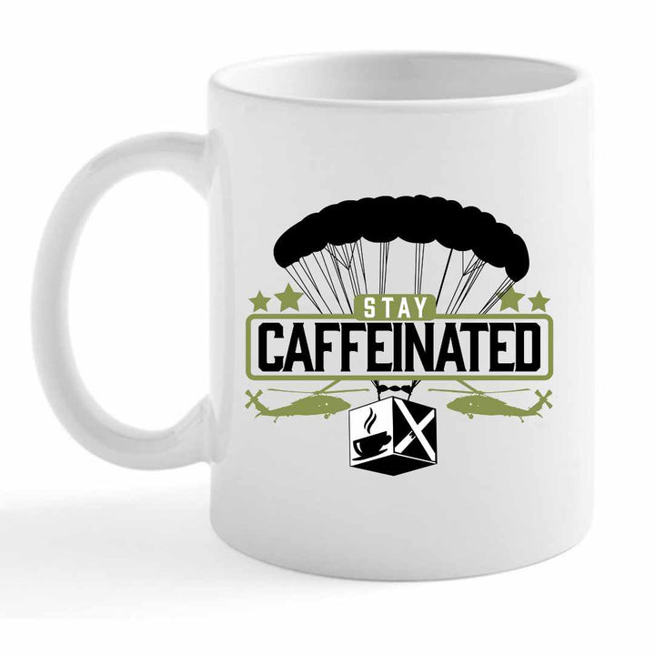 Stay caffeinated ceramic 15 ounce novelty mug from Aerial Resupply Coffee. Comes with slide-lock lid.