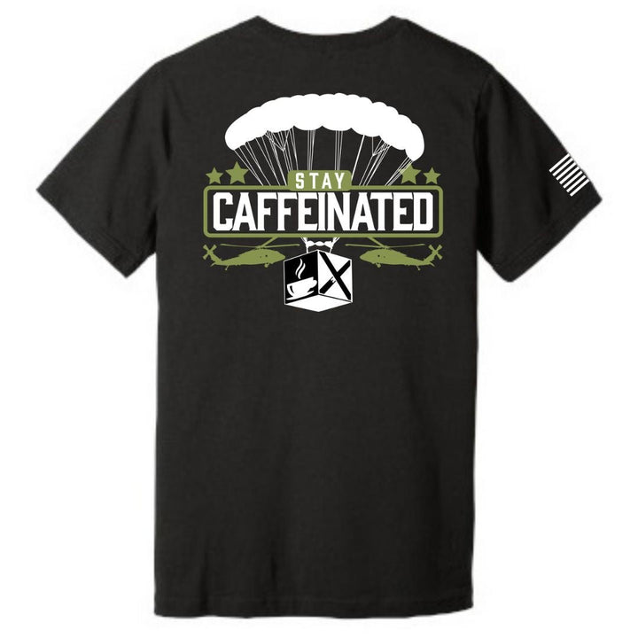 Stay caffeinated unisex patriotic T-shirt bella canvas patriotic apparel soft and comfortable. Black. Veteran-owned.