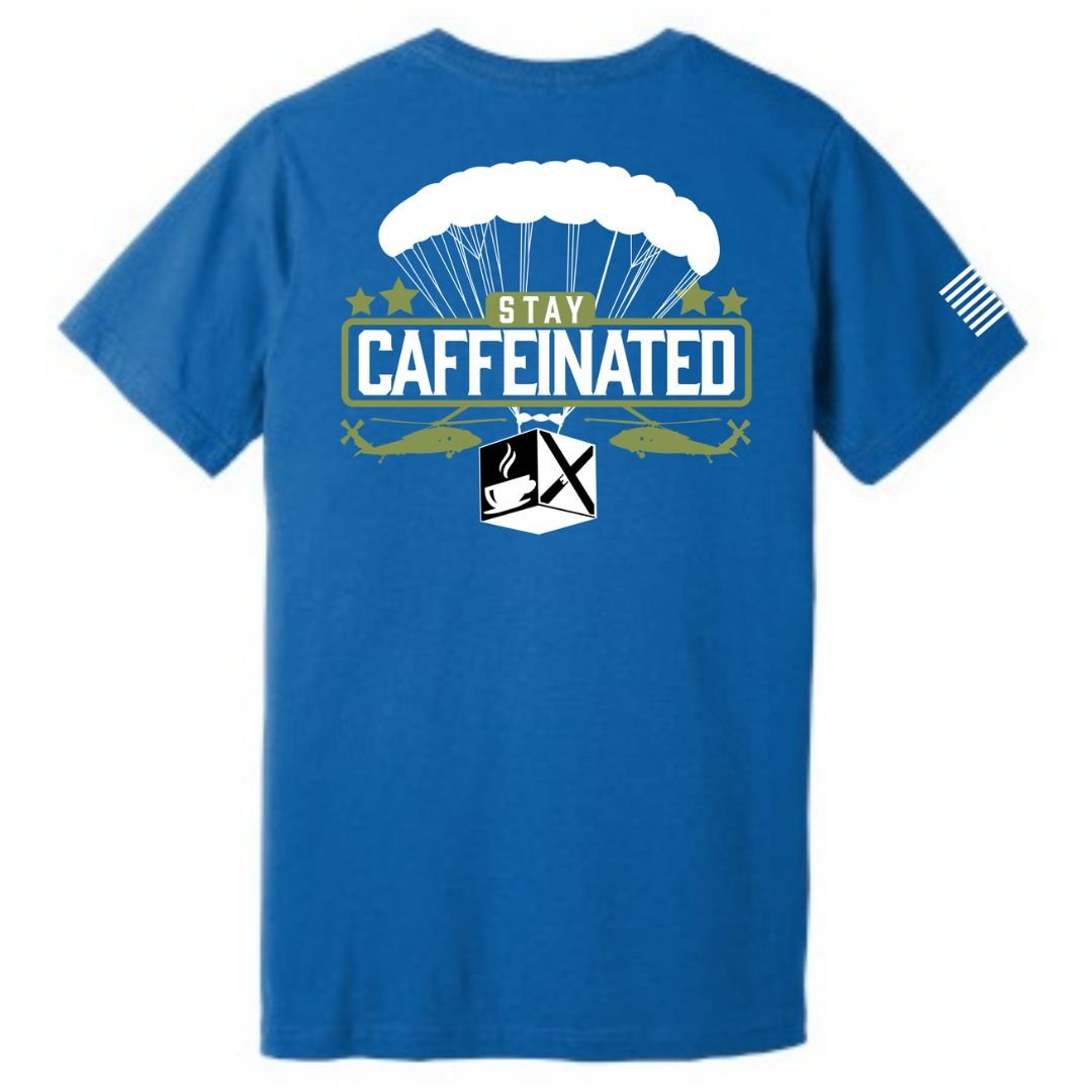 Stay caffeinated unisex patriotic T-shirt bella canvas patriotic apparel soft and comfortable. blue. Veteran-owned.