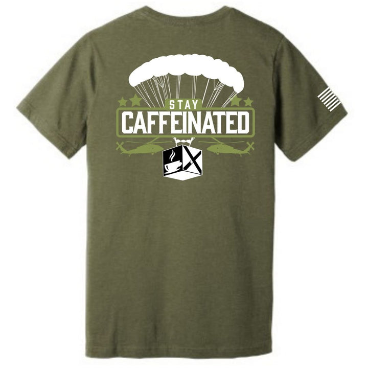 Stay caffeinated unisex patriotic T-shirt bella canvas patriotic apparel soft and comfortable. green. Veteran-owned.