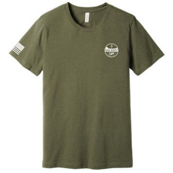 Stay caffeinated unisex patriotic T-shirt bella canvas patriotic apparel soft and comfortable. green front. Veteran-owned.