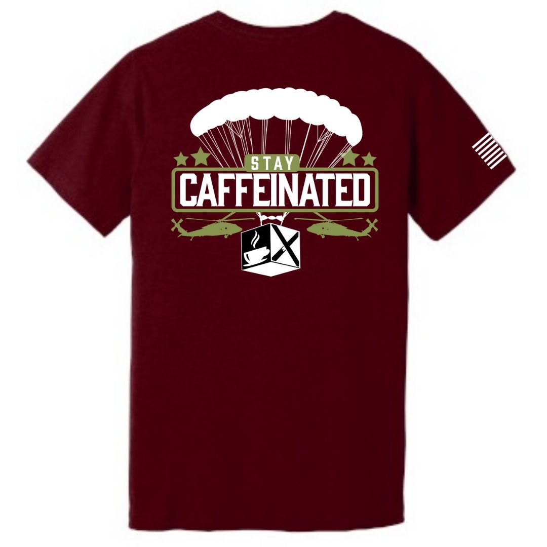 Stay caffeinated unisex patriotic T-shirt bella canvas patriotic apparel soft and comfortable. red. Veteran-owned.