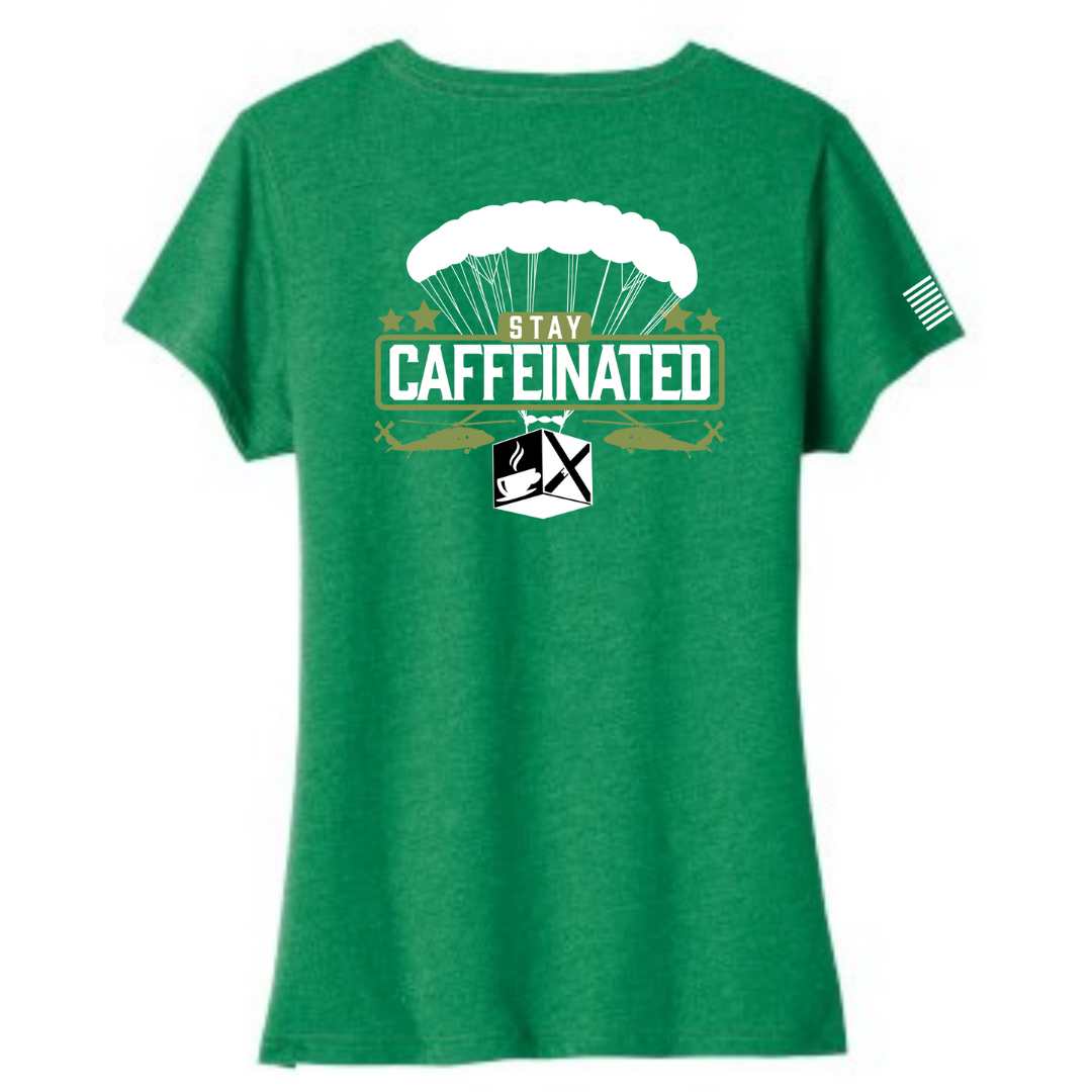 Stay caffeinated ladies v-neck bella canvas patriotic apparel soft and comfortable. Green. Veteran-owned.