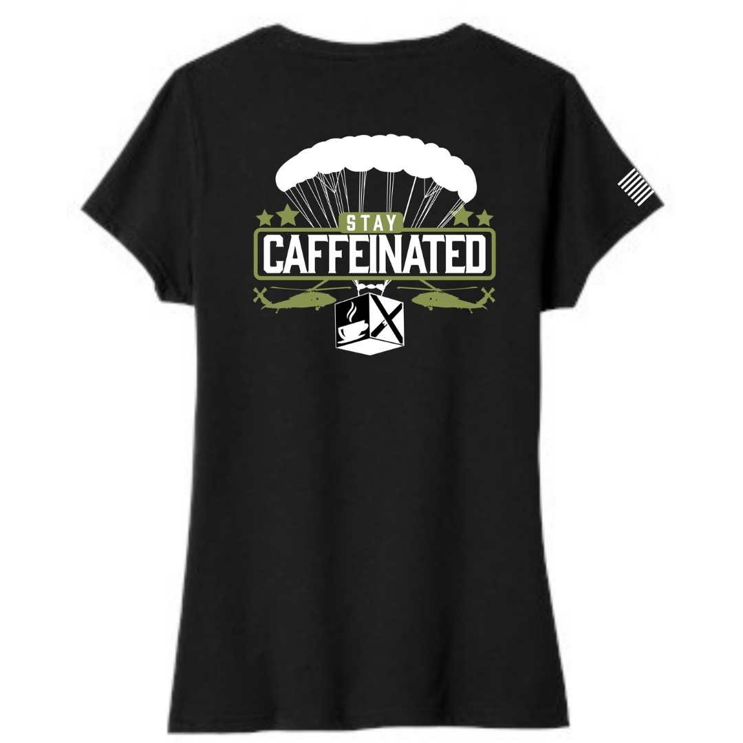 Stay caffeinated ladies v-neck bella canvas patriotic apparel soft and comfortable. Black. Veteran-owned.