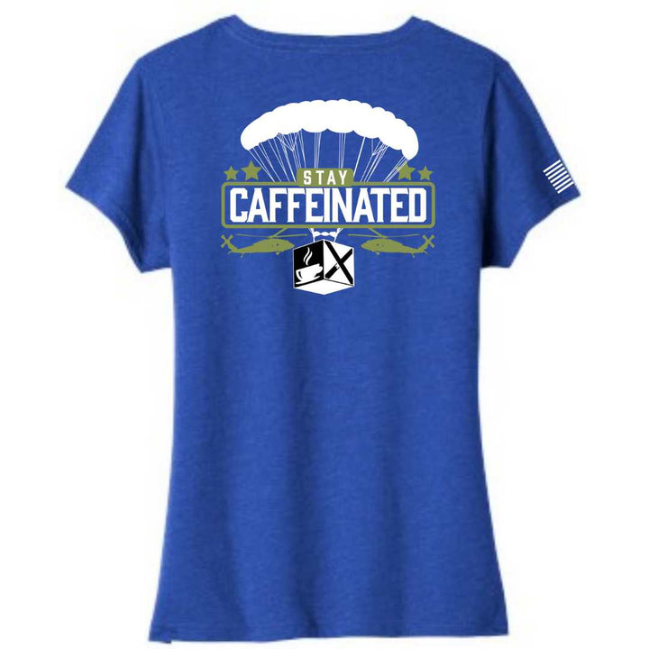 Stay caffeinated ladies v-neck bella canvas patriotic apparel soft and comfortable. Blue. Veteran-owned.