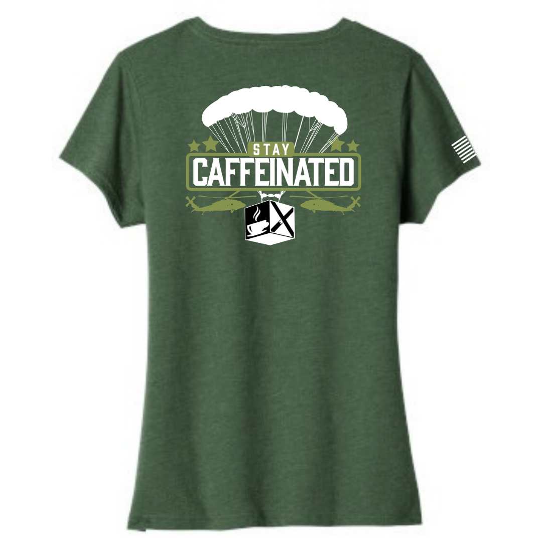 Stay caffeinated ladies v-neck bella canvas patriotic apparel soft and comfortable. dark green. Veteran-owned.